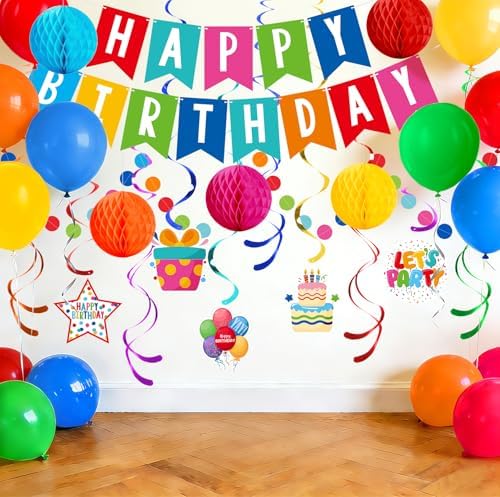 Happy Birthday Decorations Kit: Happy Birthday Banner,Birthday Circle Confetti Garland, Swirl Streamers, Honeycomb Balls, Birthday Balloons and Honeycomb Centerpiece for Kids' Birthday Party Supplies
