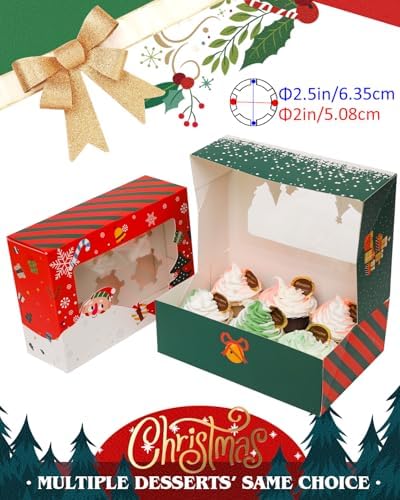 qiqee Christmas 6 Cupcake Boxes with Window 30 Packs Cupcake Box 9.4x6.1x3 inch Bakery Boxes For Cupcakes Carrier, Cupcake Containers