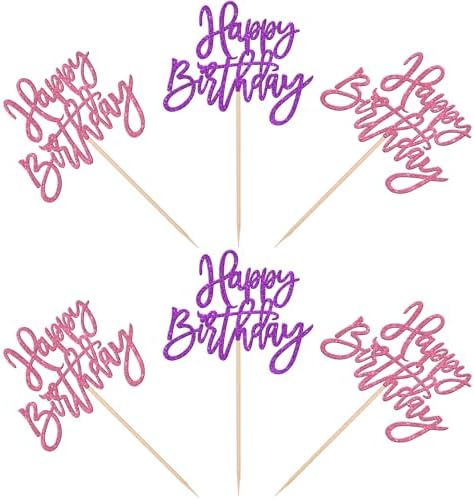 24 PCS Happy Birthday Cupcake Toppers Glitter Happy Birthday Cupcake Picks for Celebrating Anniversary Theme Party Cake Decorations Supplies Pink Purple