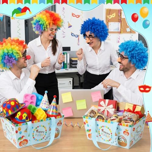 Moinchore 12 Set Happy Purim Basket for Gifts Empty 9.8x6.5'' Clown Market Tray Cardboard with Bows, Cellophane Bags, Twist Tiles, Empty to Fill for Purim Birthday Bridal Wedding Party Supply