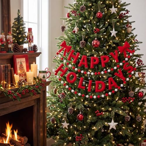 Mindsoft 4 Pcs Felt Happy Holidays Banner Christmas Pom Pom Garland Mantel