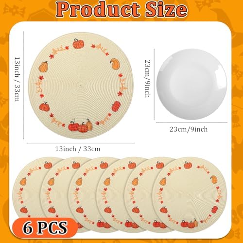 Remerry Thanksgiving Pumpkin Placemats Set of 6, 13" Leaves Pumpkins Fall Table Mats Round Weaving Embroidered Heat-Resistant for Thanksgiving Halloween Party Kitchen Dining Restaurant Decoration