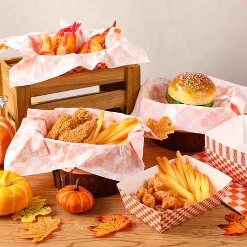 Geosar 100 Pcs Gingham Paper Food Tray with Wax Paper,Orange White