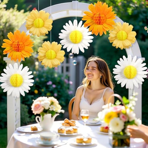 Paper Jazz 9pcs Daisy Paper Flower Decorations, White Yellow Orange Honeycomb Hanging Decor, Spring Party Celling Sign Boho Happy Birthday Supplies for Garden Classroom Baby Shower Birthday Party