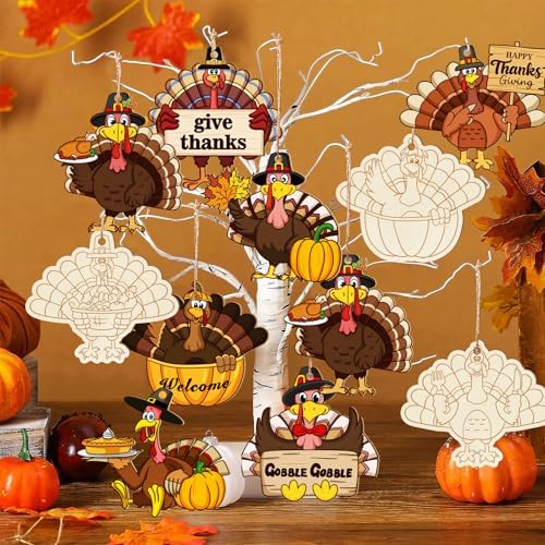 36PCS Wooden Thanksgiving Decoration Turkey Ornaments to Paint Thanksgiving Ornaments for Tree Crafts Cutouts Unfinished, DIY Blank Fall Unfinished Turkey Pumpkin Ornament for Home Harvest Hanging