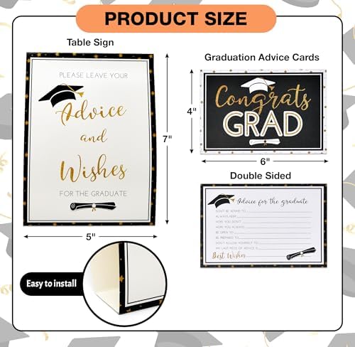 Gift Boutique 50 Graduation Advice Cards Double Sided with Table Sign Black and Gold Grad Party Guest Book Alternative