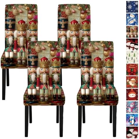 Nutcracker Chair Covers Set of 4, Stretchable Dining Chair Slipcovers with Christmas Ornaments for Christmas Holiday Decor