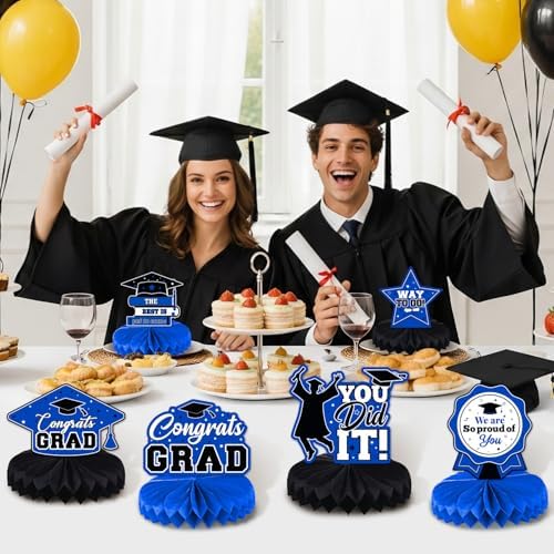 Graduation Decorations Class of 2026, Centerpieces for Tables, Congrats Grad Honeycomb Table Toppers, Graduation Party Supplies, Blue