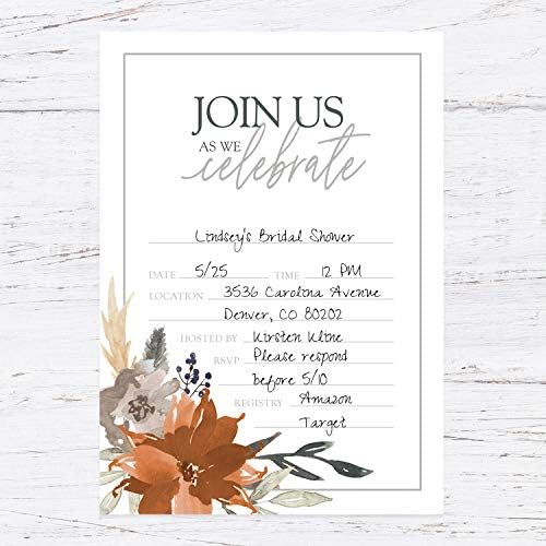 Canopy Street Indie Autumn Floral Fill In Invitations / 25 Fall Invites With White Envelopes / 5" x 7" Boho Gray And Orange Autumn Bridal Shower Invitation/Made In The USA