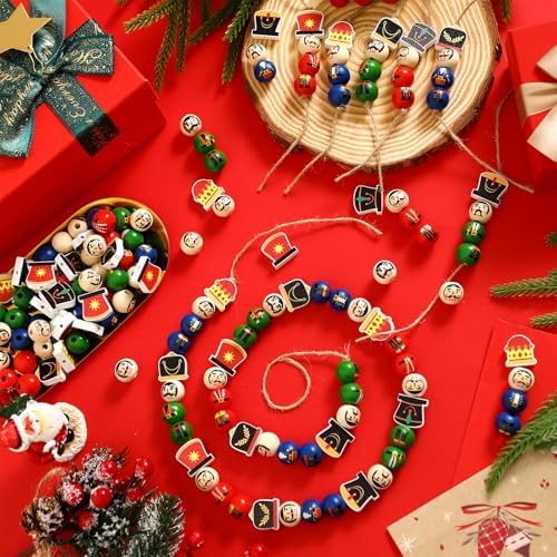 Cinnvoice 240 Pcs Holiday Wood Beads with Twine, Classic