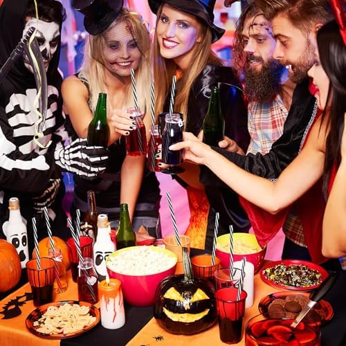JANYUN 30 Pcs Halloween Straws Plastic, Reusable Black and White Straws