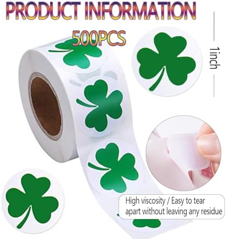 500Pcs St. Patrick's Day Stickers 1in Shamrock Stickers Roll Green Self-Adhesive Waterproof Clover Sticker Decor for Irish Holiday Party Scrapbook Journal Envelopes Decals Decorations