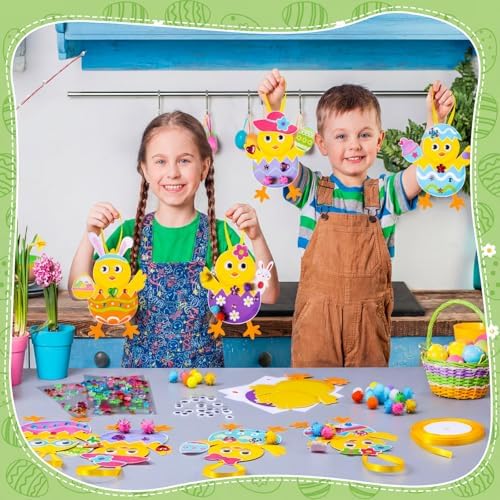 Funrous 48 Sets Crafts Kit Paper Crafts DIY Make Your Own Hanging Ornaments with Pompoms Diamond Stickers for Holiday Classroom Activities Party Favors, Easter Chick
