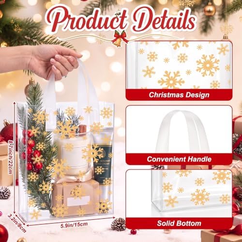 Pajean 25 Pcs Xmas Plastic Gift Bags with Handles, Gold Snowflake Pouches