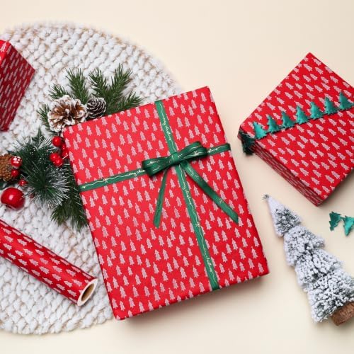 LaRibbons 3D Foam Kraft Christmas Wrapping Paper, Red Tree Textured Design