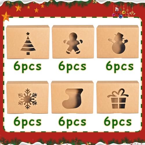 KPOSIYA 36 Pack Christmas Cookie Boxes for Gift Giving, 9x6x3 Inch Brown Bakery Boxes with Window, Large Holiday Cookie Tins with Lids, Small Xmas Treat Boxes for Pastry Dessert Cupcakes Packaging
