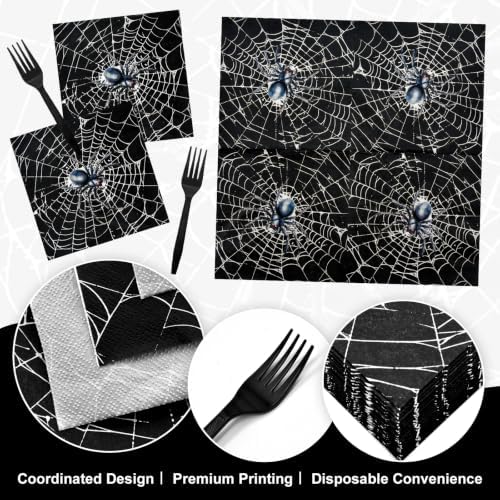 100 Pcs Halloween Spider Web Party Tableware Set – Disposable Spider Plates, Napkins and Forks with Black Spider Web Design for Halloween Party Decorations, Haunted House and Spooky Celebrations