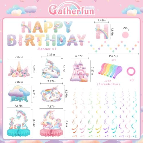 Unicorn Party Decorations Kit, Unicorn Birthday Decorations with Unicorn Birthday Banner, Circle Confetti Garland, Swirl Streamers, Balloons, Honeycomb Centerpiece, Rainbow Birthday Decorations