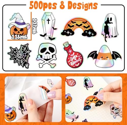 500Pcs Holographic Halloween Stickers Roll - Laser Cute Ghost Pumpkin Self-Adhesive Labels Iridescent Decals for Trick or Treat Bags Envelope Seals Scrapbook Journal, 8 Designs
