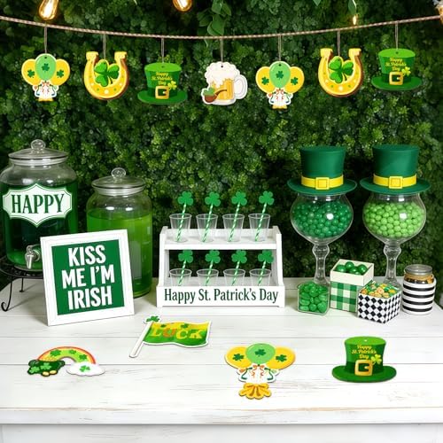 36PCS Wooden St. Patrick's Day Ornaments to Paint Shamrock Cutout Decorations,12 Styles DIY Blank Unfinished Wood Shamrock Cutouts Ornament for Tree Home Crafts Hanging, Hat Beer Gifts Indoor Spring