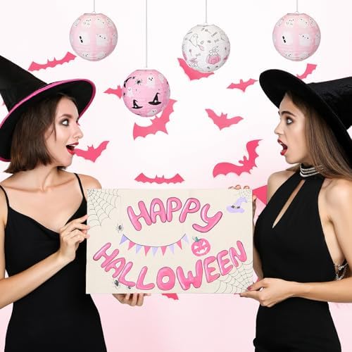 Retisee 12 Pcs 8" Pink Ghost Halloween Paper Lanterns Party Decorations