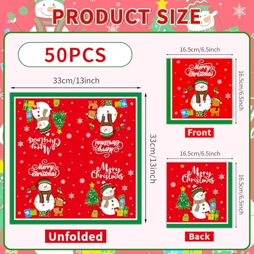 50 Pcs Merry Christmas Napkins - 13 Inch Disposable Christmas Napkins Paper, Snowman Xmas Cocktail Napkin Dinnerware Set for Xmas Party Decorations Tableware Supplies Table Decor Favors