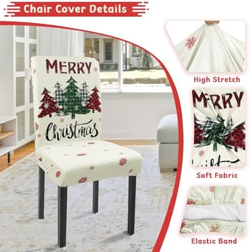 Christmas Chair Covers Set of 6 Xmas Tree Snowflakes Buffalo Plaid Stretch Parsons Chair Slipcovers for Winter Christmas Dining Room Decor Chair Seat Protectors(Christmas Red,6PCS)
