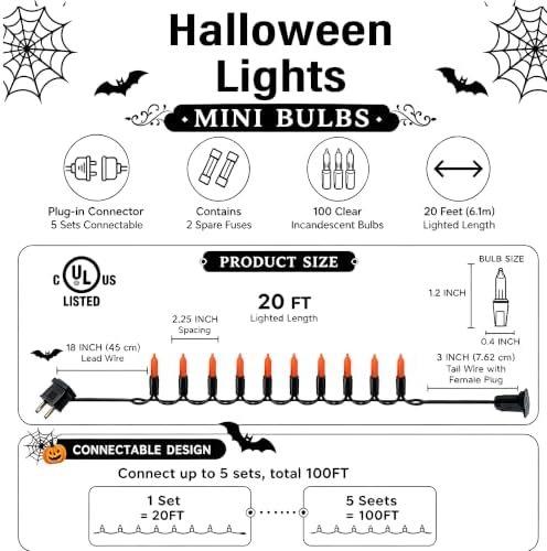 TW SHINE Orange Halloween Lights, 2 Pack 20FT 100 Count Incandescent Mini String Lights, Waterproof Halloween Decorations for Outdoor Indoor Patio Home Party Garden Yard Decor