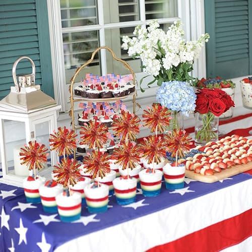 30 PCS Foil Firework Cupcake Toppers Sparkle Tinsel Cupcake Picks Happy Birthday Cake Decorations Drink Stirrers Cocktail Food Fruit Toothpicks for Baby Shower Graduation Party Supplies Red Gold