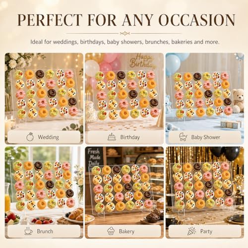 Horizontal Acrylic Donut Wall Display Stand, Clear Donut wall ,Large Donut Stand, Up to 60 Pieces, Freestanding Dessert Table Pastry Holder for Weddings and Parties