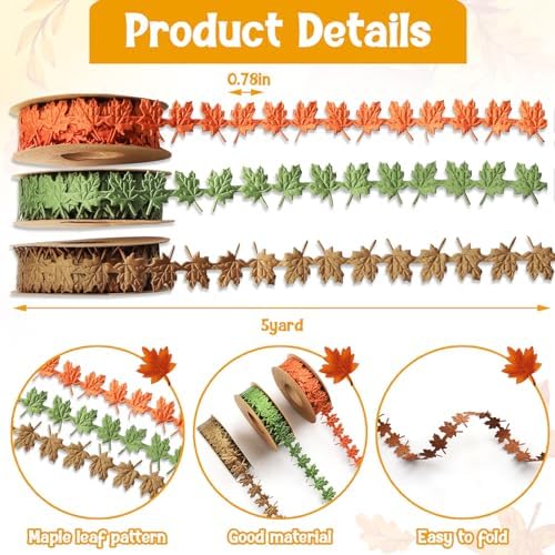 Threetols 3 Rolls 15 Yards Fall Ribbons, Green Brown Orange Thanksgiving Ribbons Maple Leaf Shape Craft Ribbons Trim Embellishment for Gift Wrapping Autumn Party Decoration
