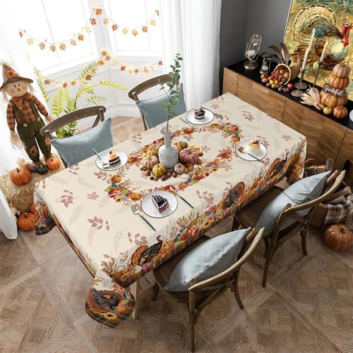 Thanksgiving Plaid Tablecloth Rectangle 60 x 84 Inch, Stain Resistant Machine Washable Fabric Polyester Turkey Harvest Tablecloths Rectangular Thanksgiving Table Cloth Rectangle Table Cover