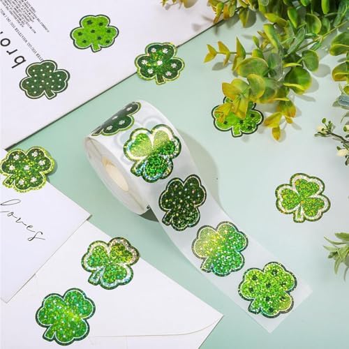 500Pcs St. Patrick's Day Stickers Roll 1in Laser Glitter Shamrock Stickers 3 Designs Self-Adhesive Holographic Clover Sticker Decor for Irish Holiday Party Scrapbook Envelopes Decals Decorations