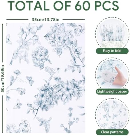 ENFANTRY Floral Tissue Paper, 60pcs Green Floral Tissue Paper for Gift Bags 50x35cm, Gift Wrapping Tissue Paper Bulk for Weddings, Birthdays, Holidays Decor