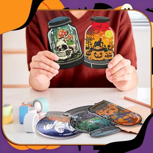 Saillong 12 Pack Halloween Diamond Painting Greeting Card Kits DIY Halloween Diamond Art Cards with Envelopes Bat Black Cat Pumpkin 5D Rhinestones Painting Kit for Adults DIY Craft Family Friend Gifts