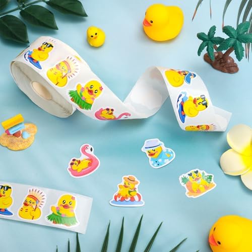 Whaline 1000Pcs Summer Hawaiian Rubber Duck Roll Stickers Self-Adhesive Summer Luau Yellow Duck Label Decals for Envelope Water Bottle Scrapbook Decor Tropical Birthday Party Supplies