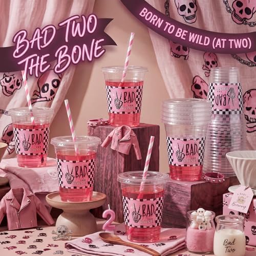 FillTouch 50 Pcs Halloween Bad Two The Bone Plastic Cups with Lids Straws
