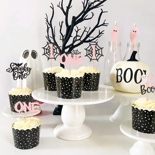 Ercadio 24Pcs Pink Spooky One Halloween Cupcake Toppers Ghost Spider Webs Cupcake Picks for Halloween Party Decorations Black Pink Halloween Girls Spooky One Birthday Cupcake Decorations