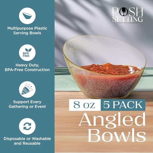 5 Pack Gold Angled Plastic Serving Bowl Disposable for Party Table 8oz