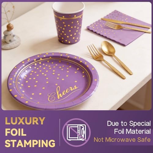 168Pcs Purple and Gold Paper Plates and Napkins Party Supplies for 24 Guest