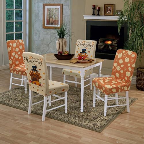 Thanksgiving Chair Covers Set of 4 Cute Turkey Stretch Parsons Slipcovers