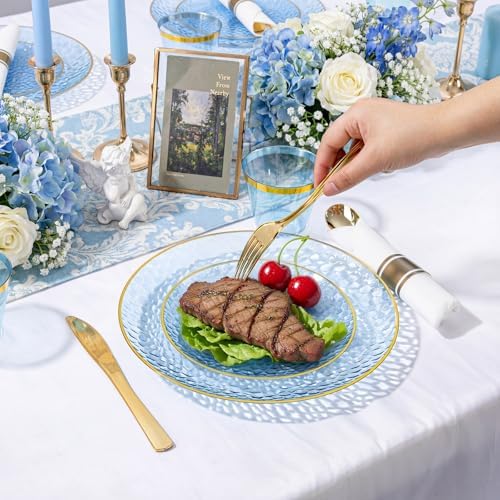 Rubtlamp 100 Guest Blue Gold Plastic Dinnerware Set,Clear Blue Disposable With Gold Rim, Hammer Fancy Party Plates Include 100Dinner Platos,100Cake Platos,100Cups,100 Pre Rolled gold Cutlery