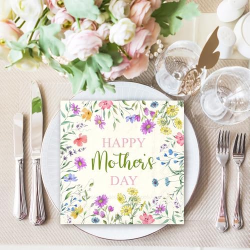 JarThenaAMCS 50Pcs Happy Mother's Day Napkins Paper Disposable Napkins Watercolor Wildflower Luncheon Dinner Napkin for Spring Birthday Mother's Day Supplies