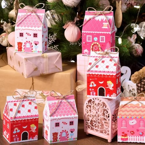 Zhanmai 48 Pcs Valentine's Day Treat Boxes Candy Mini Red Pink Heart House Favor Box Valentine's Day Party Paperboard Gift Boxes for Holiday Party Treat Cookie Goodie Snack Gift Packaging