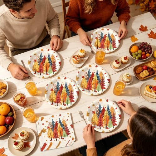50Pcs Fall Plates and Napkins Party Supplies, Disposable Autumn Tree Paper Plates Napkins Tableware Set for Thanksgiving Theme Harvest Friendsgiving Party Decorations