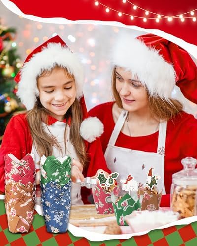 Bake Choice 200 Pcs Christmas Tulip Cupcake Liners with 24 Pcs Cupcake Toppers, Cupcake Liners, Tulip Cupcake Liners for Baking, Standard Tulip Muffin Liners for Christmas Holiday