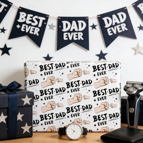 Cuitpan Father's Day Wrapping Paper - 4 Jumbo Sheets, 28x40 Inches, Best Dad Ever Fist Bump & Star Design, for Father's Day, Birthday & Dad Gifts