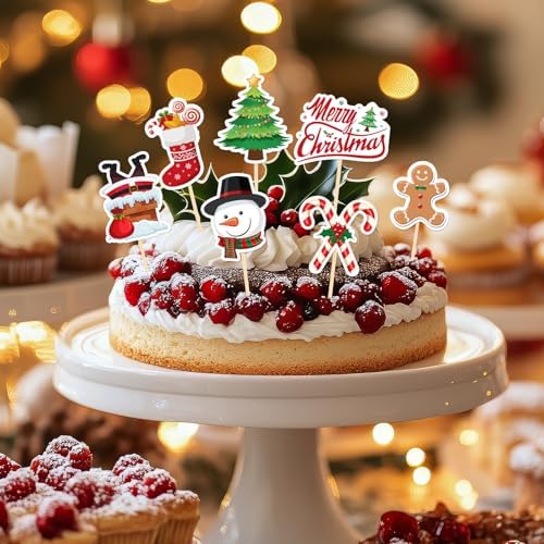 NEBURORA 64 Pieces Christmas Cupcake Toppers Santa Snowmen Cake Picks Merry Christmas Toothpick Flags for Party Decorations Supplies
