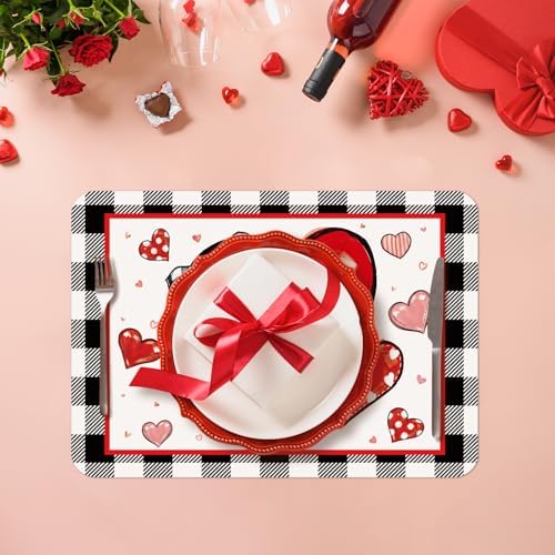 6 Set Valentine's Day Placemats, 11x16 Inch Buffalo Plaid Red Heart Plastic Placemats Seasonal Bow Tie Spring Holiday Table Mats for Wedding Party Festival Decor