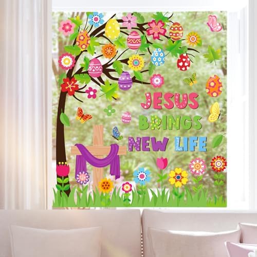Whaline 6 Sheets Christian Easter Window Clings Window Decal Jesus Cross Floral Egg Tree Reusable Anti-Collision Windows Decor for Holiday Spring Party Supplies